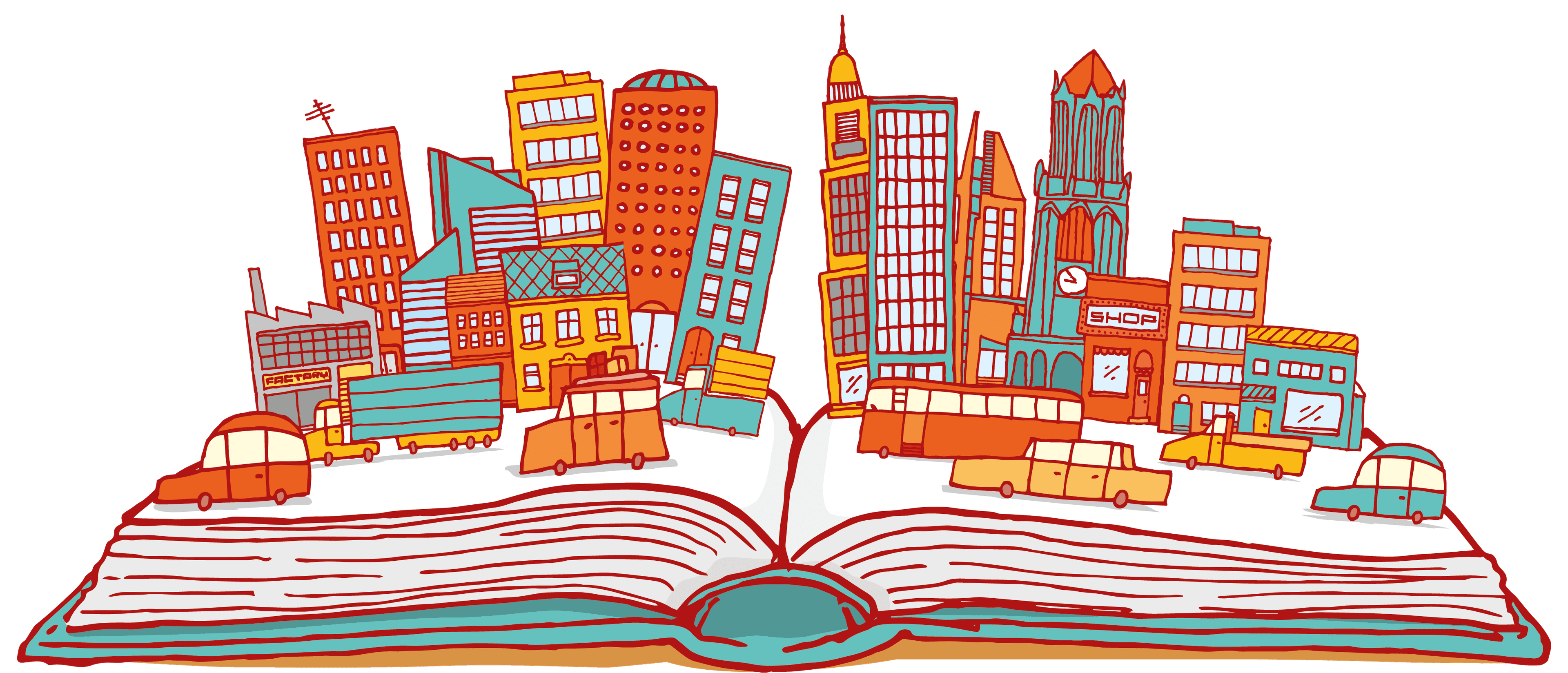 Imagem de um livro aberto com vários desenhos de edifícios